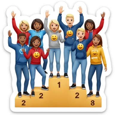 multi-racial people in jeans, t-shirts, and hoodies on a winners’ podium with the middle step higher, excited, fun, expressive emoji style sticker