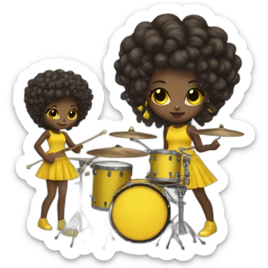 cute punk girl in yellow dress dark skin with yellow eyes and dark curvy hairs drummer sticker