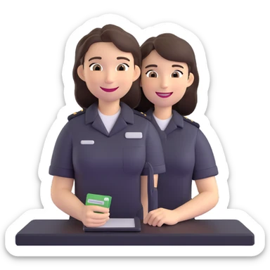 Gender-neutral cashier with shoulder-length hair, standing behind a cashier desk, smiling, wearing a neutral-colored uniform sticker