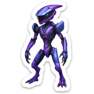 a black-blue-purple Genesect-Raptor-Fakémon—hybrid with a futuristic visor-helmet full body sticker