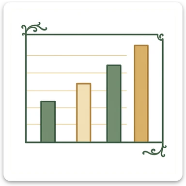 classic bar graph with green, gold, and white color scheme, elegant lines, decorative details, different bar heights, no background sticker