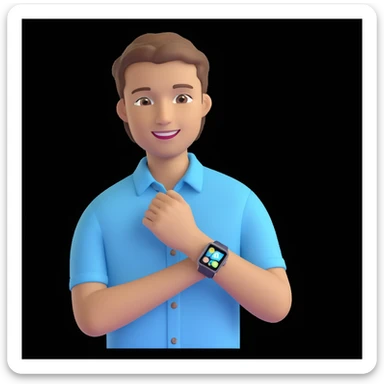 apple-style 3D emoji avatar of a fair, handsome young man with light brown hair, brown eyes, bright smile, wearing pastel blue button-up shirt, smartwatch, creative tech-savvy vibe, dark background sticker