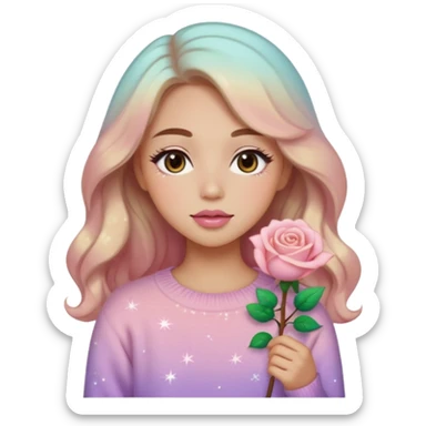 “Emoji girl, soft eyeliner, gradient rose lips, light brown shimmer eyeshadow, sparkly aegyo-sal, long wavy hair, cozy pastel sweater.” sticker