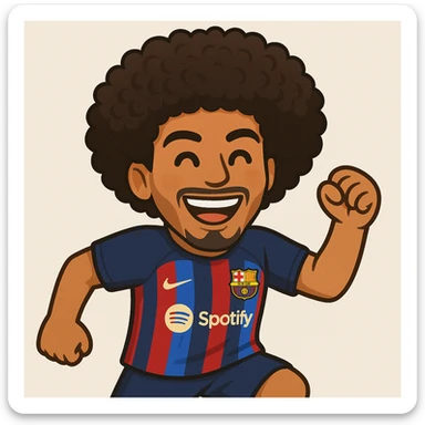 Add afro hair to Raphinha, Barcelona football player, wearing Barcelona kit, smiling, energetic pose. The style should resemble emoji style. sticker