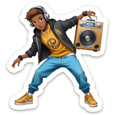 Icon for Street Dance: a dancer in urban streetwear performing a dynamic lower breakdance move, with a spray-painted background, headphones, and a boombox on the asphalt. The icon should capture the energy, style, and creativity of street dance culture. Transparent background. sticker