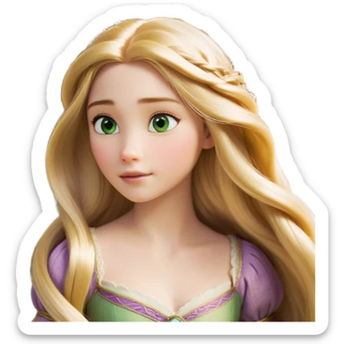 Cinematic Realistic Rapunzel Portrait, with porcelain-like skin featuring a subtle, natural glow, illuminated by soft lighting that brings out the gentle contours of her face. Her long, golden blonde hair cascades in detailed waves, each strand highlighted with a radiant shimmer as it catches the light. Her bright, expressive green eyes exude curiosity and warmth, framed by delicate lashes and soft, arched brows. Her expression is playful and vibrant, with a gentle smile. She is dressed in her classic lavender and pink gown, the fabric textured with delicate folds that flow naturally, catching the light with a soft, radiant glow. The portrait captures a luminous, enchanting aura, seamlessly blending realism with a whimsical, fairytale charm, evoking a timeless sense of beauty and magic. sticker
