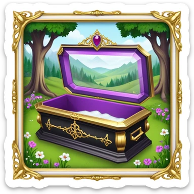 Snow White's coffin in the image is a highly symbolic piece, embodying both solemnity and fairytale charm. It is designed with a transparent glass lid, allowing a clear view of Snow White lying inside in her pure and untouched beauty. The frame around the lid and the base of the coffin is made of gold-colored metal, intricately carved in a Gothic style. Along the side of the coffin, the name “SNOW WHITE” is prominently displayed in ornate, medieval-style lettering, serving as an eternal tribute to the legendary character. The coffin is placed in a quiet forest clearing, resting on a bed of green grass and surrounded by clusters of colorful flowers—purple, pink, and white—which add a sacred and emotional atmosphere. The dwarfs stand nearby in silence, keeping watch and heightening the sense of reverence and sorrow. The entire design of the coffin harmoniously blends medieval artistry with mythical elements, honoring Snow White’s beauty while creating a legendary, fairytale-like setting. sticker