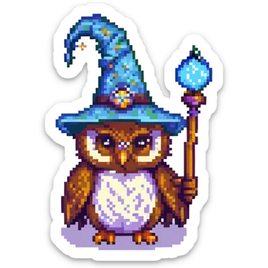 owl with a wizard hat and magic wand pixel art sticker