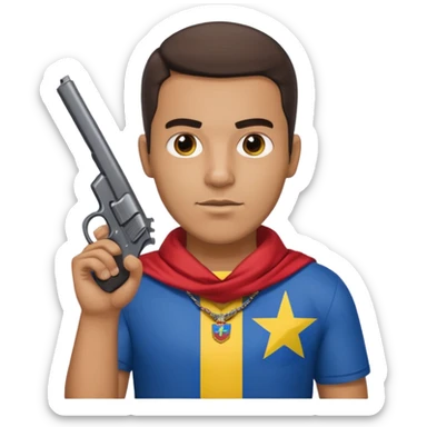A Venezuelan with the Venezuela flag around his neck holding a gun tap sticker