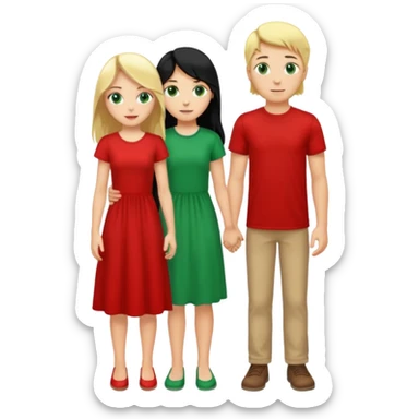 full-length couple, girl with long black hair and green eyes in red dress, boy with blonde hair in white t-shirt sticker