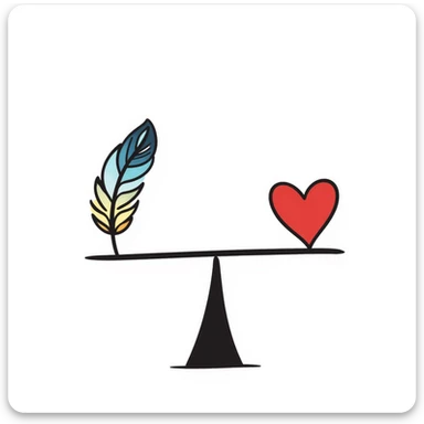 A simple scale balancing a colorful feather and a red heart, representing emotional balance and lightness. Colorful hand-drawn doodle style with blues, reds, and yellows. sticker