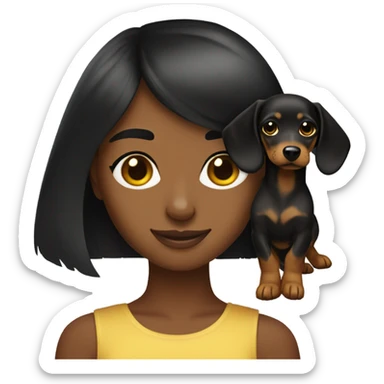 black neat bangs yellow skin girl holding a black and tan dachshund  sticker