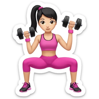 A tan girl with black hair in a ponytail. Wearing a pink gym set. Picking up dumbells sticker