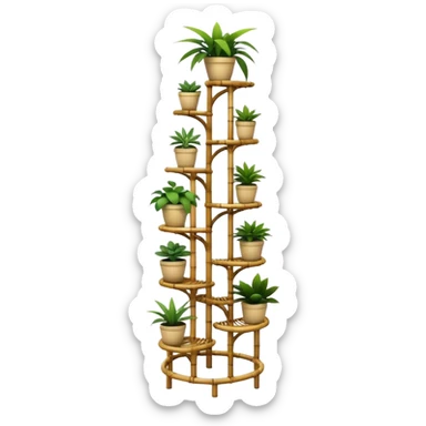 Large multi-tier multi-level curvy spiral plant rack constructed from thin bamboo poles  sticker