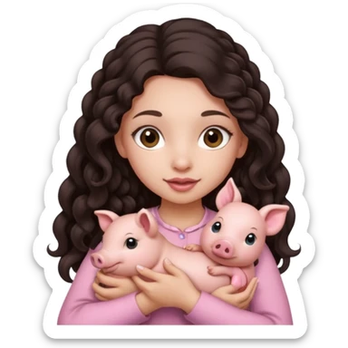 Ragazza bellissima capelli lunghi scuri con piccolo maialino sticker