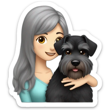 Black and silver Schnauzer having a really big cuddle with lady with brown long hair sticker