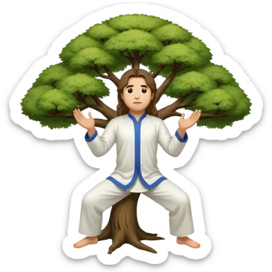 pratiquant de qi gong, homme aux cheveux long, en position de l'arbre, en tenue noire ou blanche sticker