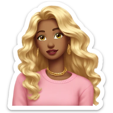 girl pink sweater pink lipstick green eyes gold earrings pink nails golden wavy long hair full body sticker