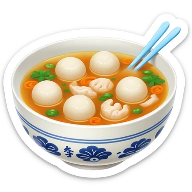 Fujian fish ball soup with clear broth in bowl, simplified emoji style with bold outlines and bright colors, cartoon style Southern Chinese breakfast Yu Wan Tang sticker