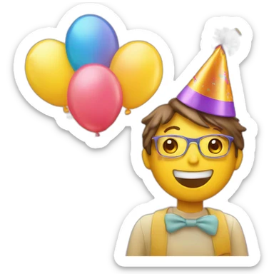 Create an yellow emoji featuring a person joyfully wearing a birthday hat and enthusiastically blowing a birthday whistle, capturing the festive spirit of celebration sticker