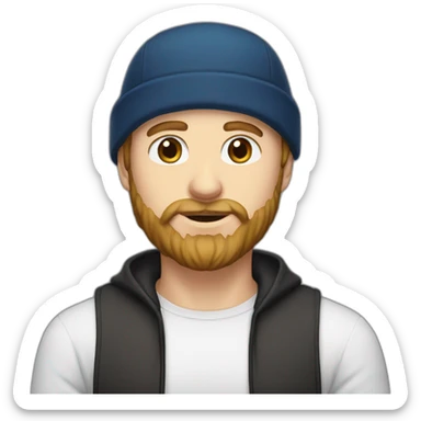 Guy with light brown hair, beard and blue eyes and a black bonnet sticker