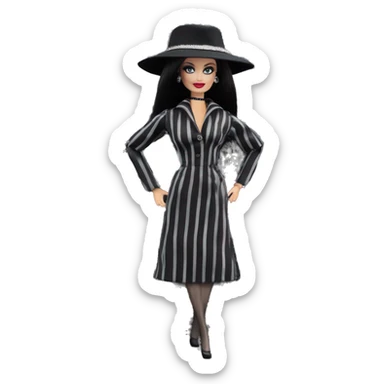Bouclé Beauty Lingerie Barbie, 1965 Morticia Addams from academy, in dark-gray and black striped outfit with hat. Driving 1978 Mercedes convertible sports car  sticker