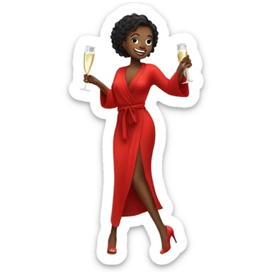 Girl in high heels and red robe dancing while holding champagne bottle sticker