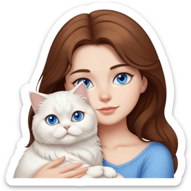 girl with brown hair cuddling a white persian cat with blue eyes sticker
