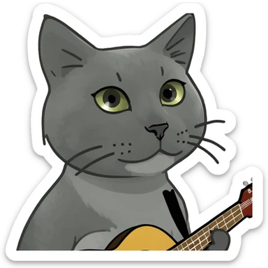 grey Cat with a guitar and side bang sticker