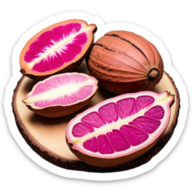 Una miniatura fotorrealista de un trozo de manteca de cacao pura y una pequeña rosa seca sobre una superficie de madera rústica y cálida. La luz debe resaltar la textura de la manteca. Colores: tonos tierra, marrón, terracota y rosa suave. Estilo: plano y orgánico sticker