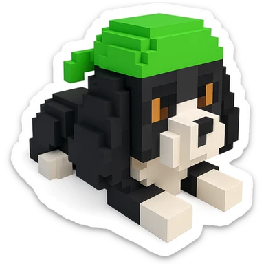 A black and white Russian Cocker Spaniel puppy wearing a green durag, voxel style, lying down sticker