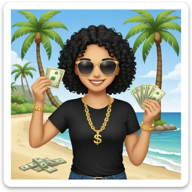 Mixed-race person with curly hair smiling, wearing black t-shirt, necklace and sunglasses, holding dollar bills in both hands, at beach with palm trees sticker