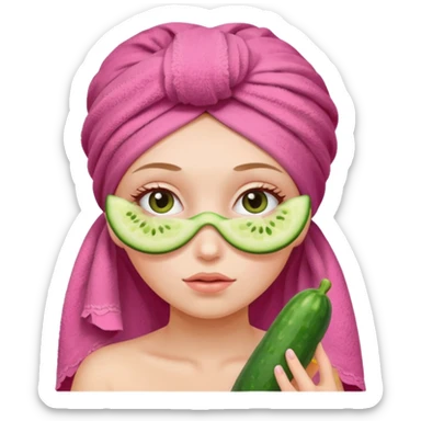 Girl with cucumbers on her eyes and a pink towel on her head sticker