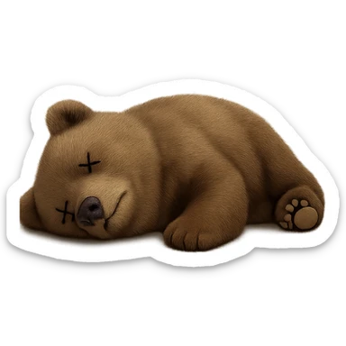Make the bear appear dead, lying on its side with cartoon X's for eyes, no blood, keep the exact same photorealistic style and details, transparent background. sticker