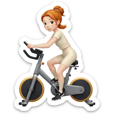 Ginger girl middle part low bun riding stationary bike cream outfit sticker