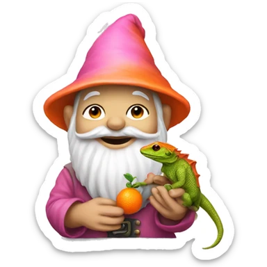 pink garden gnome holding an orange lizard sticker