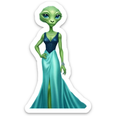 reptilian green alien woman, in long slim pastel blue formal party satin dress with gradient shiny sparkling navy blue diamonds embroidered, full body full figure sticker