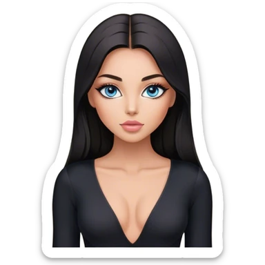 Glamours make-up, tanned, beautiful, girl, with blue eyes, big pump peach-beige-rose lips, eyeliner, long lashes, black straight smooth silky long hair, parting hair in the middle,  in black v-neck bodysuit long sleeves sticker