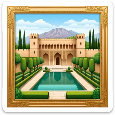 Cinematic Realistic Alhambra Landmark Emoji, showcasing the ornate historic palace with lush gardens rendered with rich textures and soft, majestic lighting. sticker