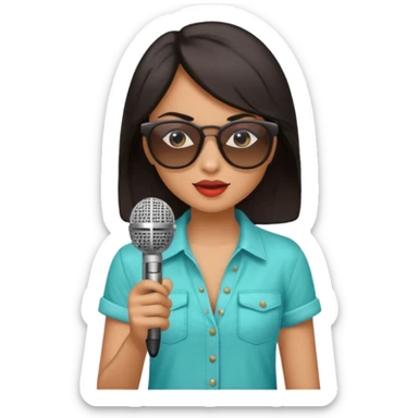 dark long haired woman with summer clothes and sun glasses holding microphone sticker