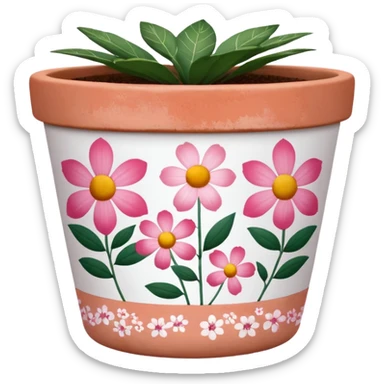 plant pot in terra cota with white and pink flowers print painted on the pot  sticker