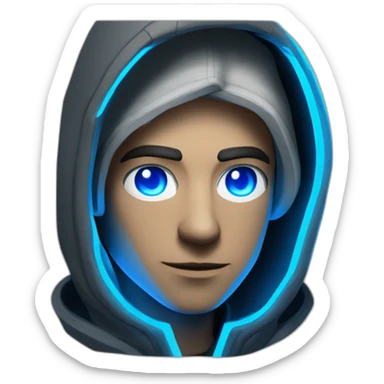developer behind his laptop with this style : Riot Games Valorant neon blue eyes glowing bright blue character blue black hooded assassin themed character sticker