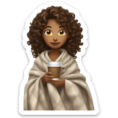 long curly haired girl drinking coffee with a blanket  sticker