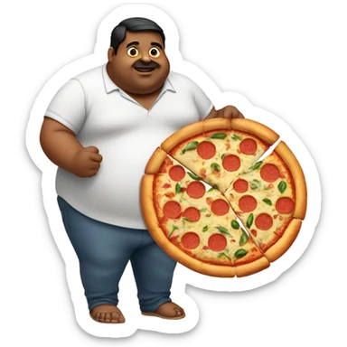 Obese indian man holding a pizza sticker