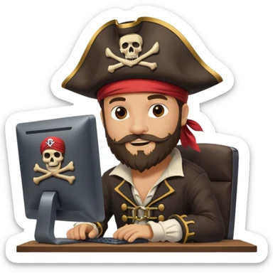 pirate captain with a beard, coding on a desktop computer, pirate flag with code symbol, cheerful and creative sticker