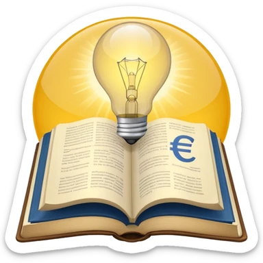 n open book with a glowing light bulb above it, symbolizing knowledge and learning. Next to the book, a coin or euro symbol representing a training budget. sticker