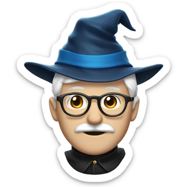 man with white skin,hair is straight and black, a black mustache, glasses, with a magic hat, ravenclaw sticker