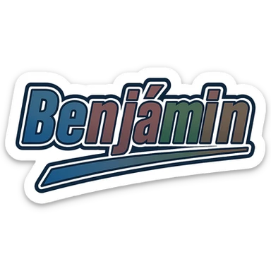 The name 'Benjámin' in a masculine, modern gradient font with precise Hungarian characters including long á and í, dark outline, extra thick, prominent white letter border, dynamic slanted underline, masculine gradient colors of blue, gray, burgundy, green, and brown, 1000x1000 px, PNG, transparent background. sticker