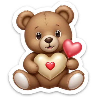 Adorable Plush brown teddy bear holding an inflatable metallic beige heart-shaped balloon in his paw and love letter of the pearl color sticker