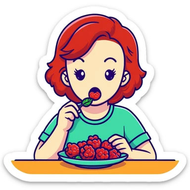 redhead girl with a displeased face eating raspberries sticker